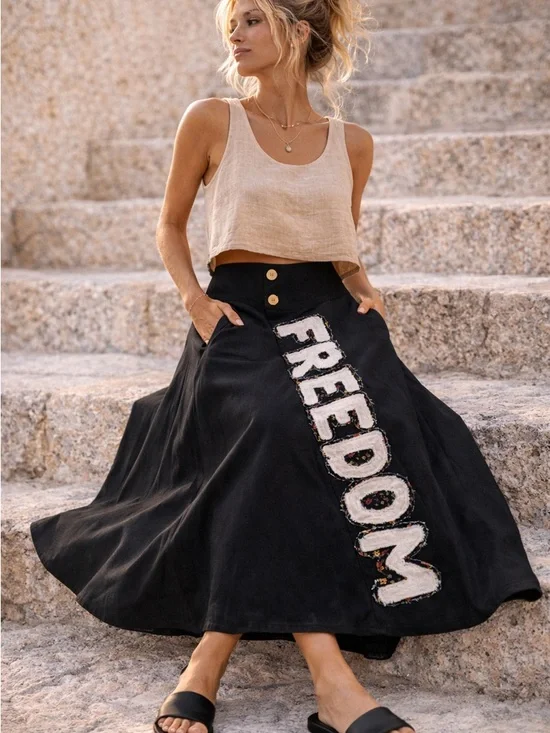 FREEDOM Patch A-Line Organic Cotton Boho Statement Midi Skirt Artisan Bottom S/M - Picture 3 of 11